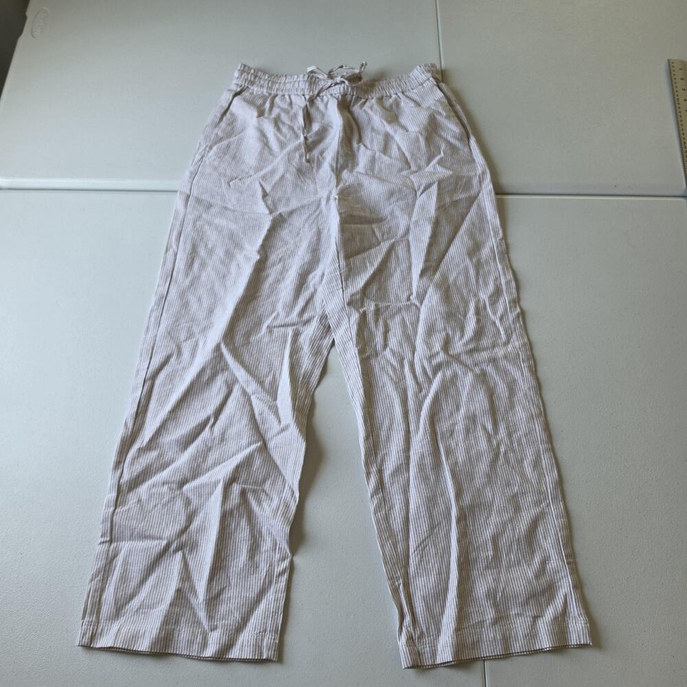 J.Crew Pants Womens 8 Petite Beige Stripe Linen Straight Leg Ankle Drawstring